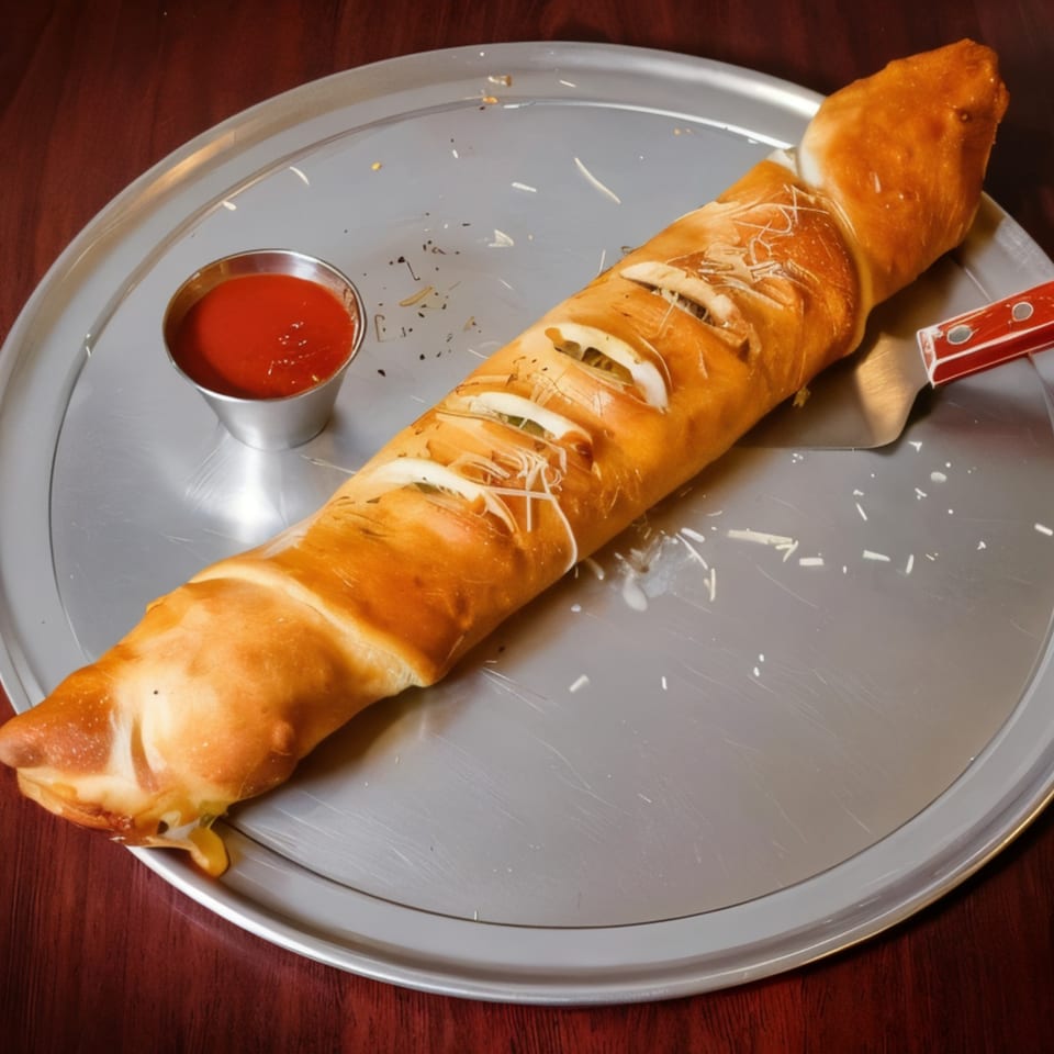 A long, golden-brown Medo's Italian Restaurant stromboli with cheese and sauce on a metal pizza pan.