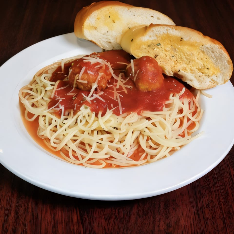 Spaghetti with meatballs, red sauce, grated cheese, and two slices of garlic bread on a white plate.